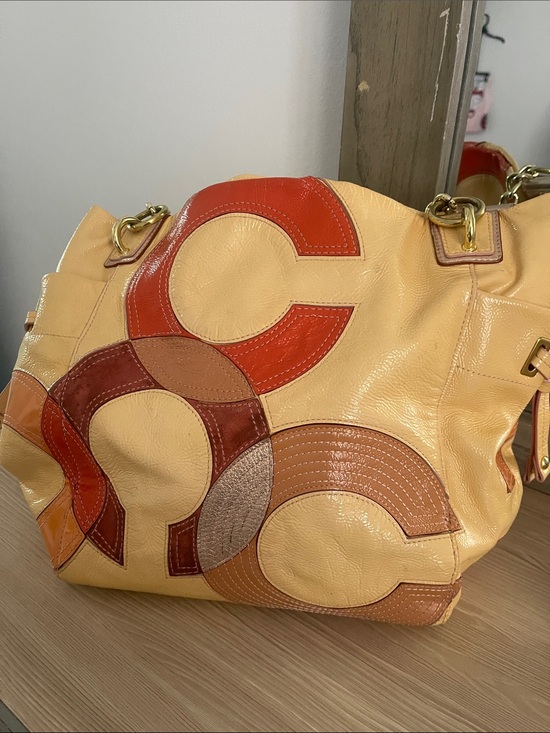 Coach Handbags - Coach Patchwork C Logo Tote in Yellow, Red and Brown